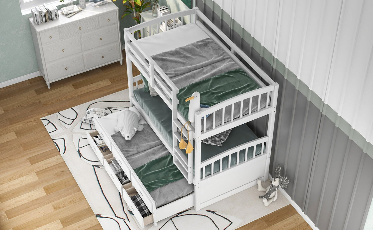 Twin over Twin Wood Bunk Bed with Trundle and Drawers White - B&B Forest Products