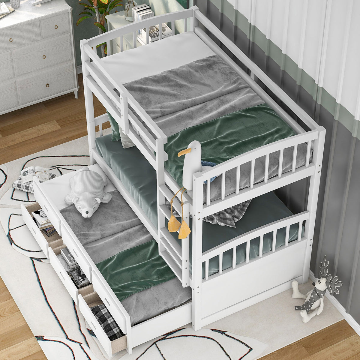 Twin over Twin Wood Bunk Bed with Trundle and Drawers White - B&B Forest Products
