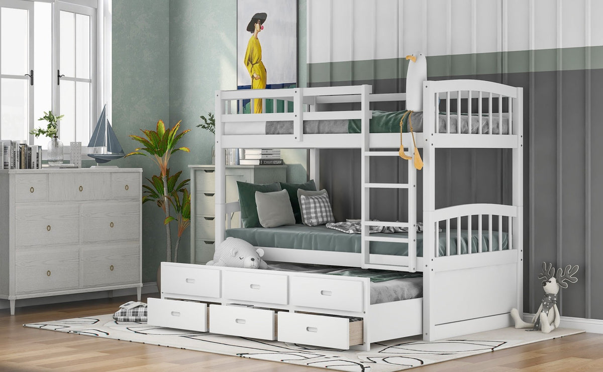 Twin over Twin Wood Bunk Bed with Trundle and Drawers White - B&B Forest Products