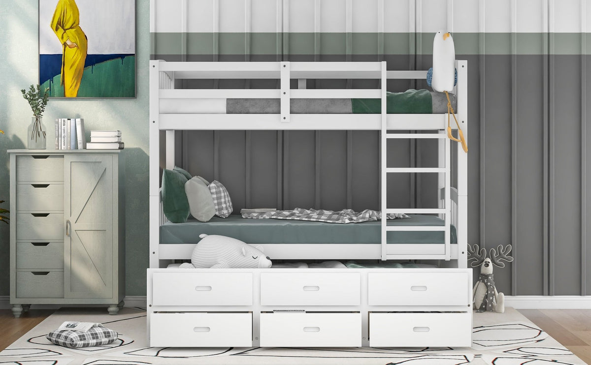Twin over Twin Wood Bunk Bed with Trundle and Drawers White - B&B Forest Products