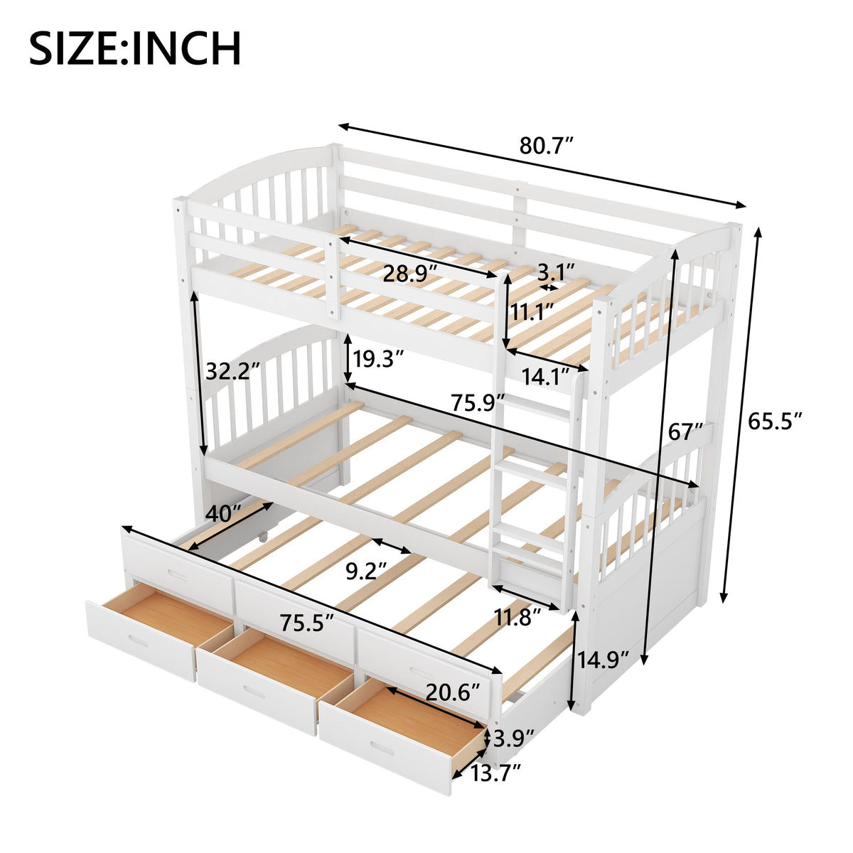 Twin over Twin Wood Bunk Bed with Trundle and Drawers White - B&B Forest Products