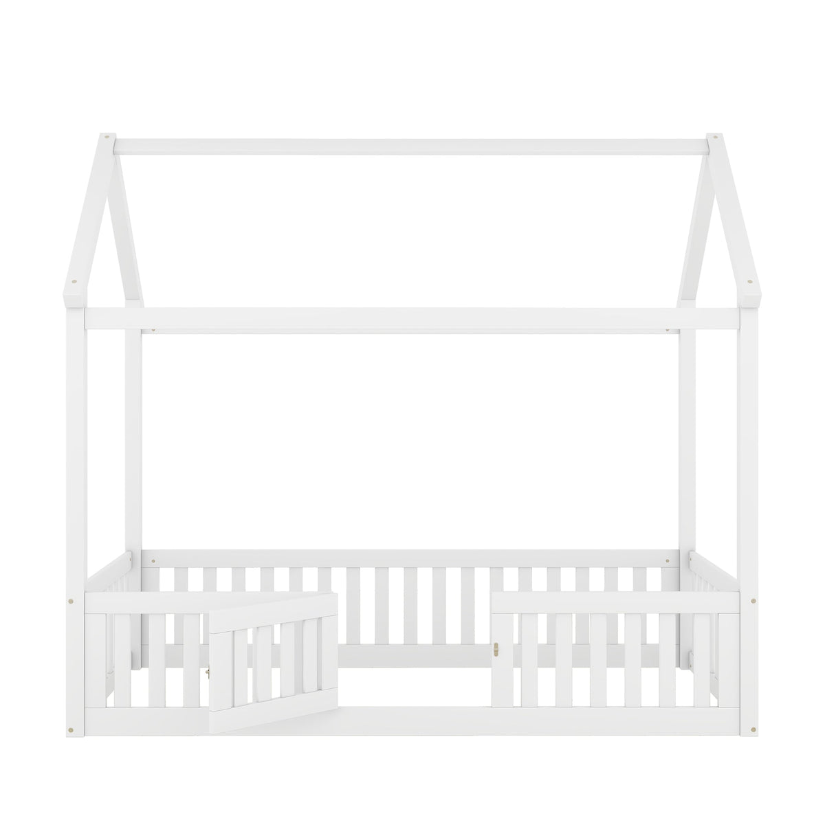 Twin Size Wood House Bed with Fence and Door, White - B&B Forest Products