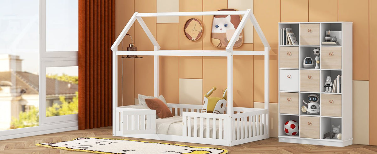 Twin Size Wood House Bed with Fence and Door, White - B&B Forest Products
