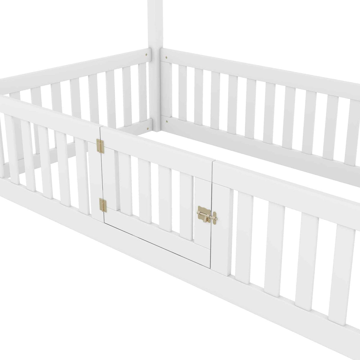 Twin Size Wood House Bed with Fence and Door, White - B&B Forest Products