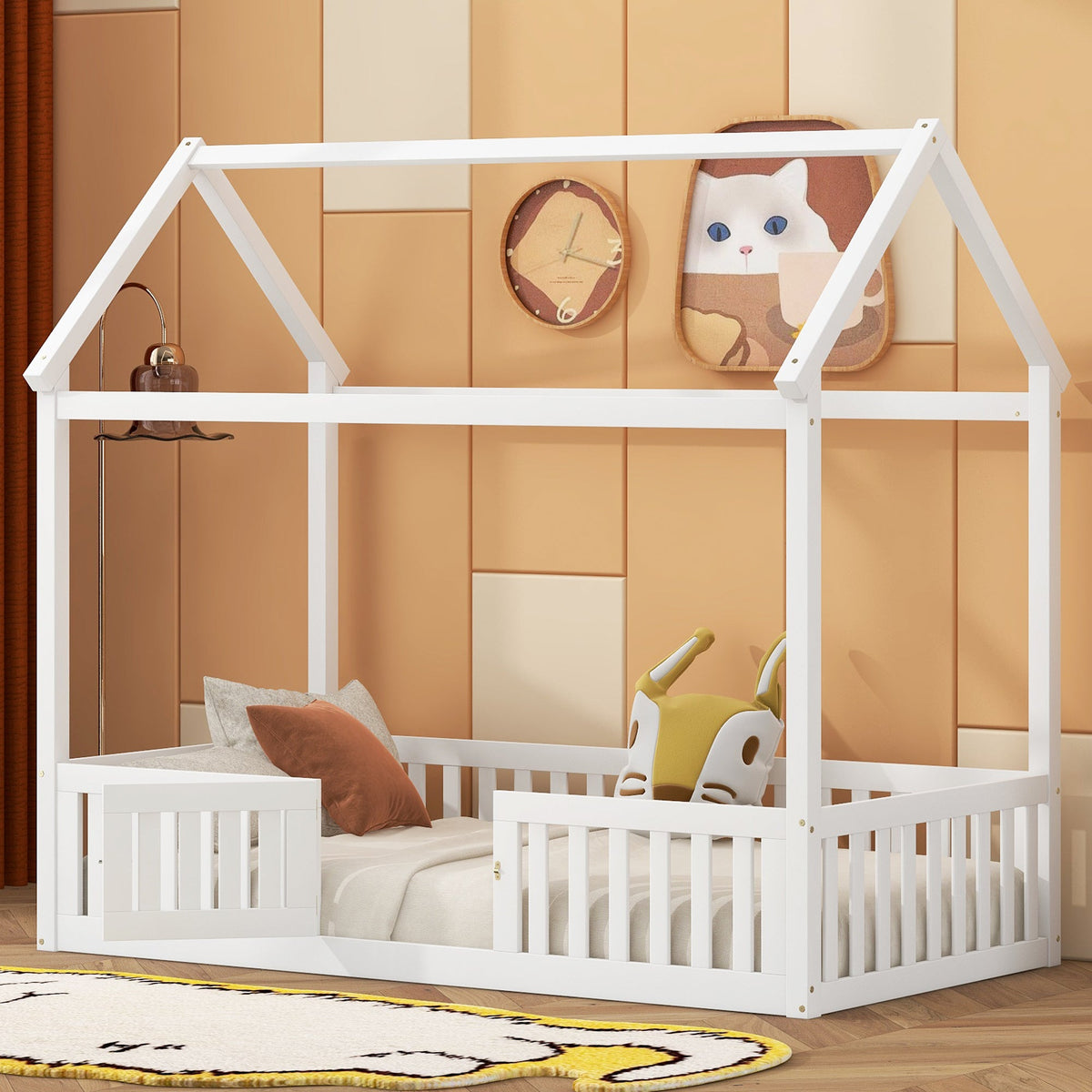 Twin Size Wood House Bed with Fence and Door, White - B&B Forest Products