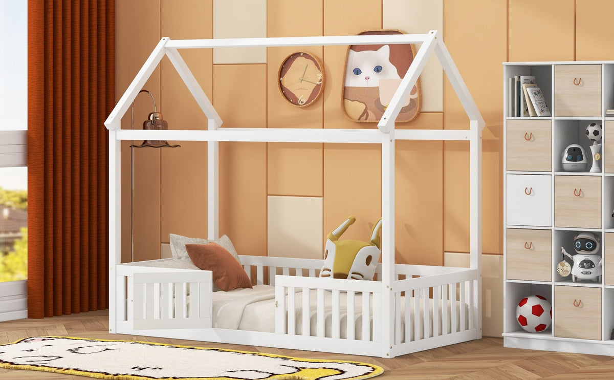 Twin Size Wood House Bed with Fence and Door, White - B&B Forest Products