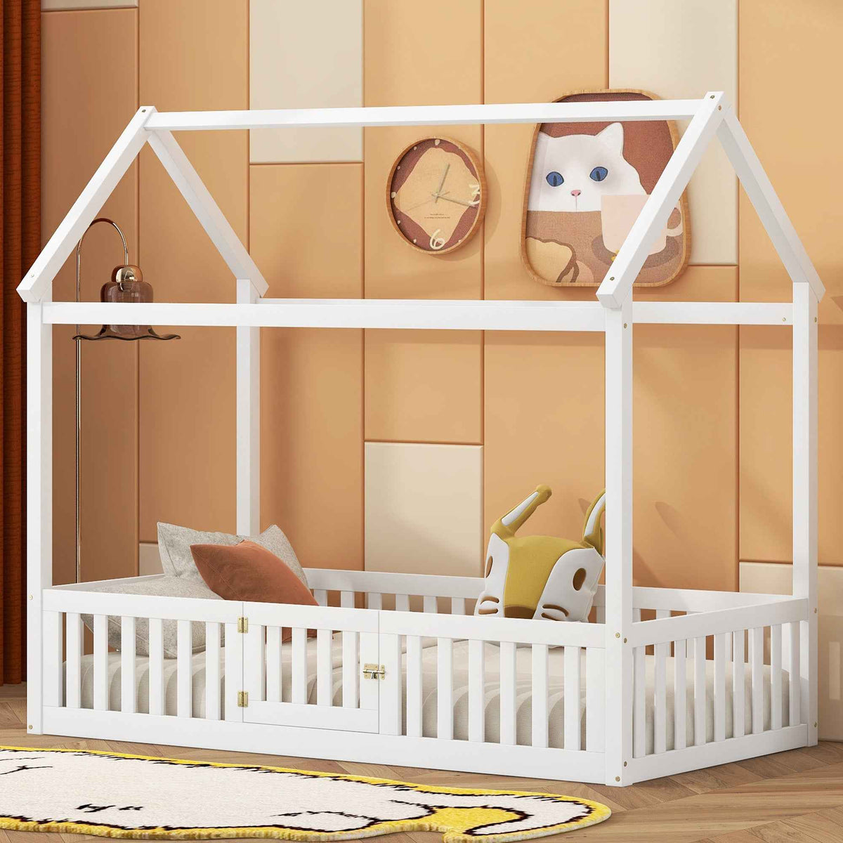 Twin Size Wood House Bed with Fence and Door, White - B&B Forest Products