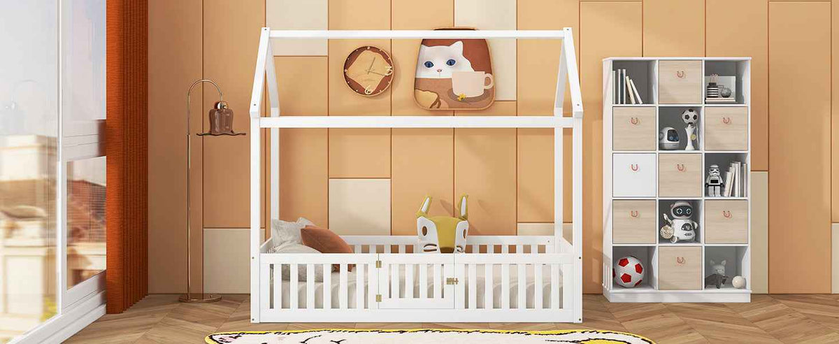 Twin Size Wood House Bed with Fence and Door, White - B&B Forest Products
