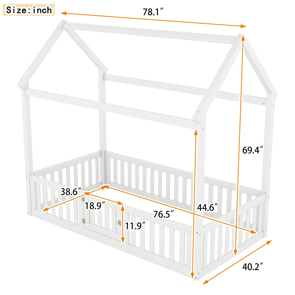 Twin Size Wood House Bed with Fence and Door, White - B&B Forest Products