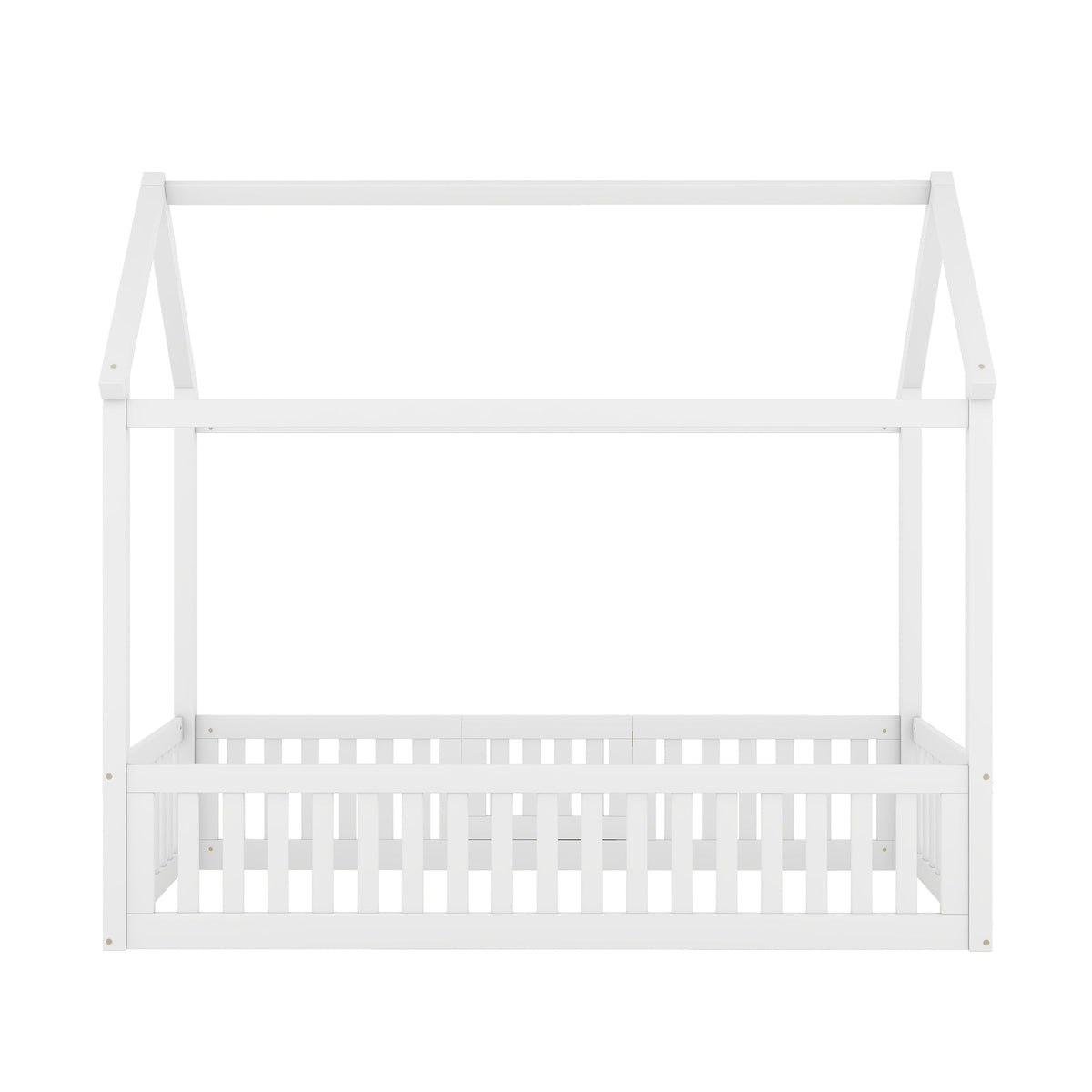 Twin Size Wood House Bed with Fence and Door, White - B&B Forest Products