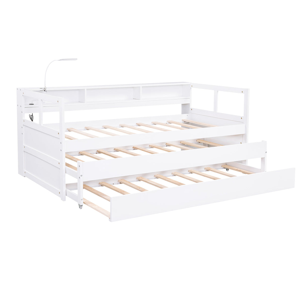 Twin XL Wood Daybed with 2 Trundles, 3 Storage Cubbies, 1 Light for Free and USB Charging Design, White - B&B Forest Products