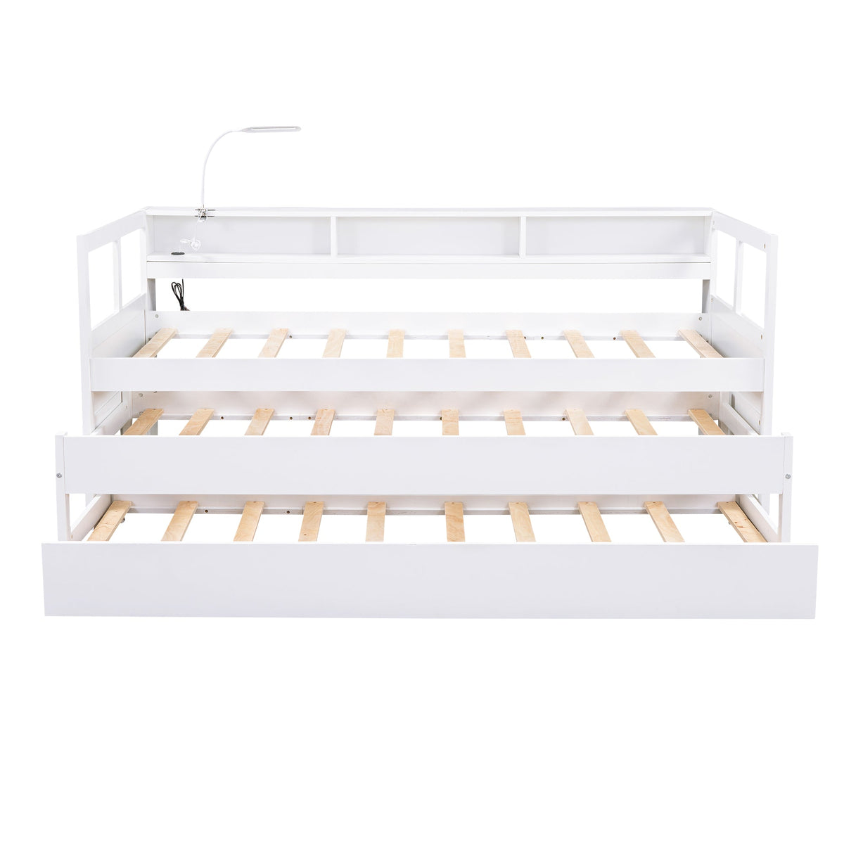 Twin XL Wood Daybed with 2 Trundles, 3 Storage Cubbies, 1 Light for Free and USB Charging Design, White - B&B Forest Products