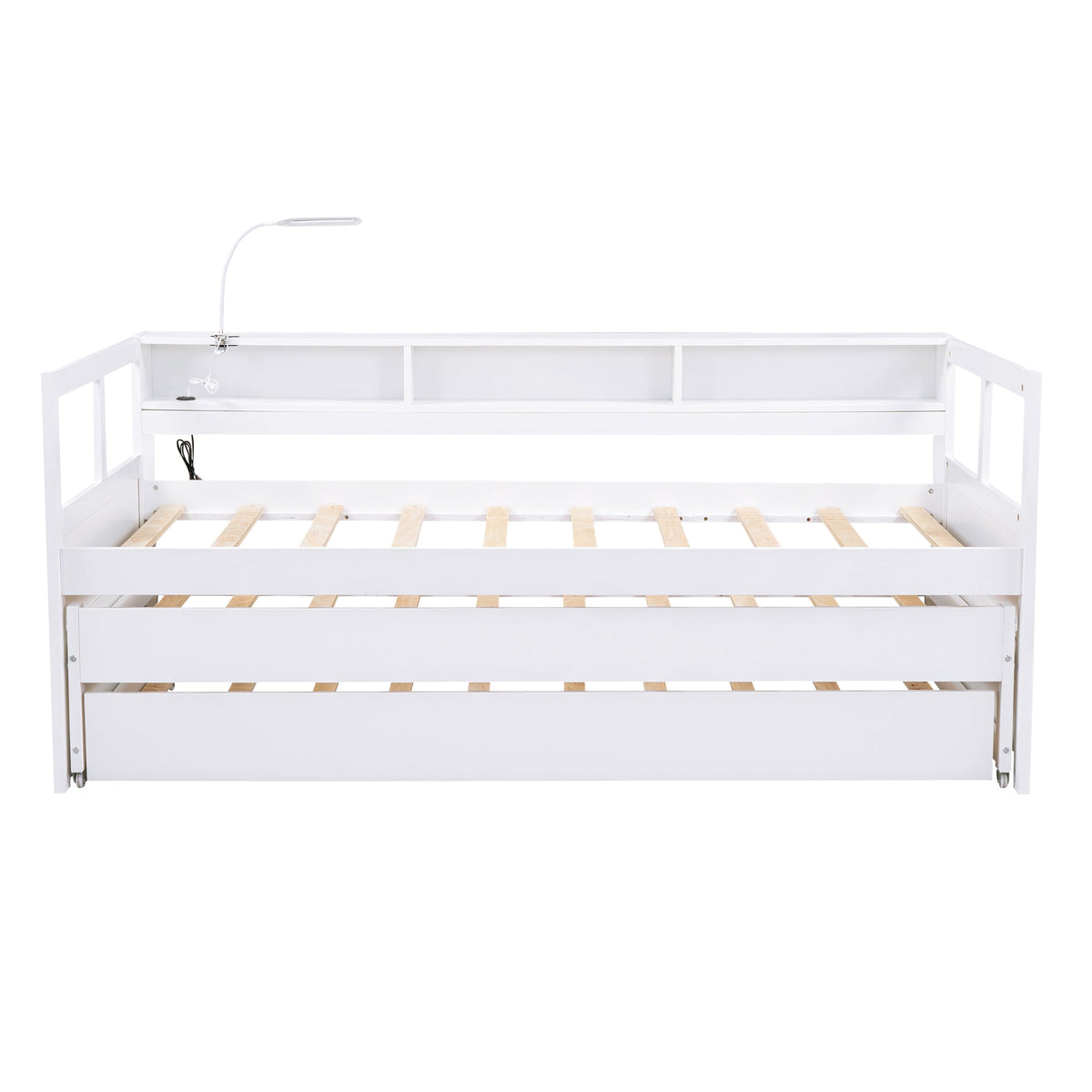 Twin XL Wood Daybed with 2 Trundles, 3 Storage Cubbies, 1 Light for Free and USB Charging Design, White - B&B Forest Products