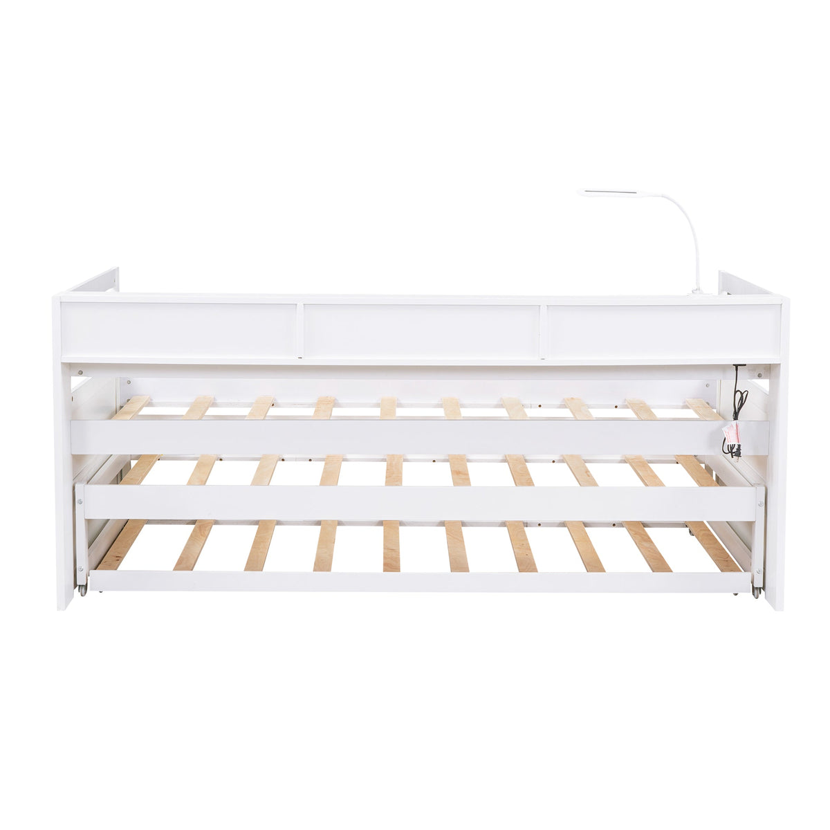 Twin XL Wood Daybed with 2 Trundles, 3 Storage Cubbies, 1 Light for Free and USB Charging Design, White - B&B Forest Products