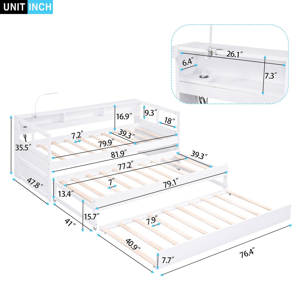Twin XL Wood Daybed with 2 Trundles, 3 Storage Cubbies, 1 Light for Free and USB Charging Design, White - B&B Forest Products