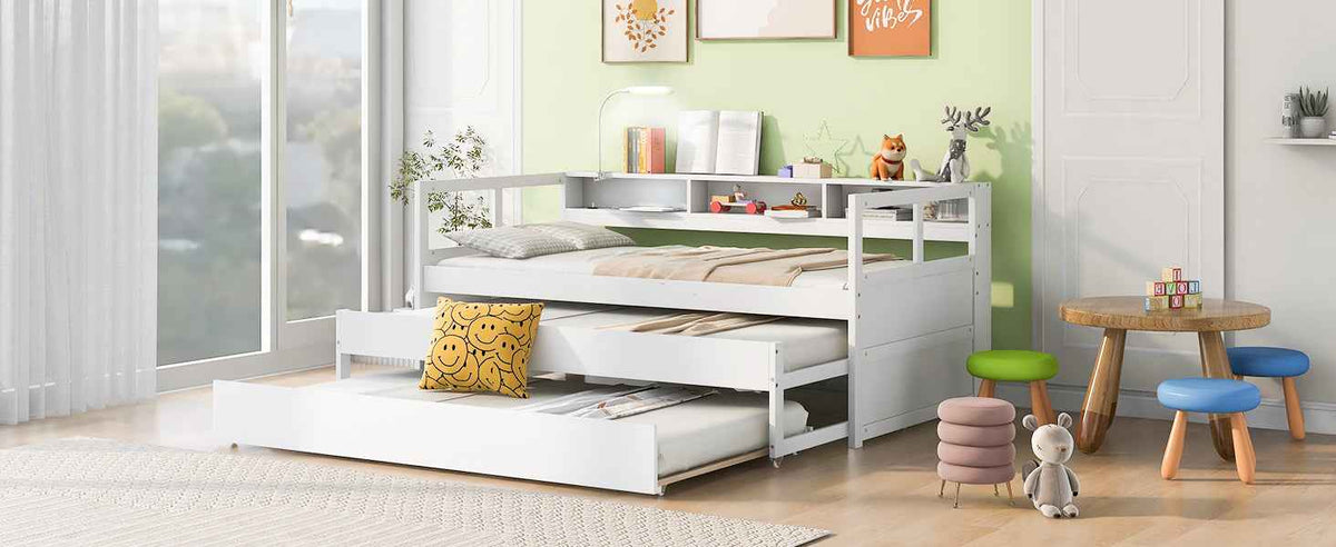 Twin XL Wood Daybed with 2 Trundles, 3 Storage Cubbies, 1 Light for Free and USB Charging Design, White - B&B Forest Products