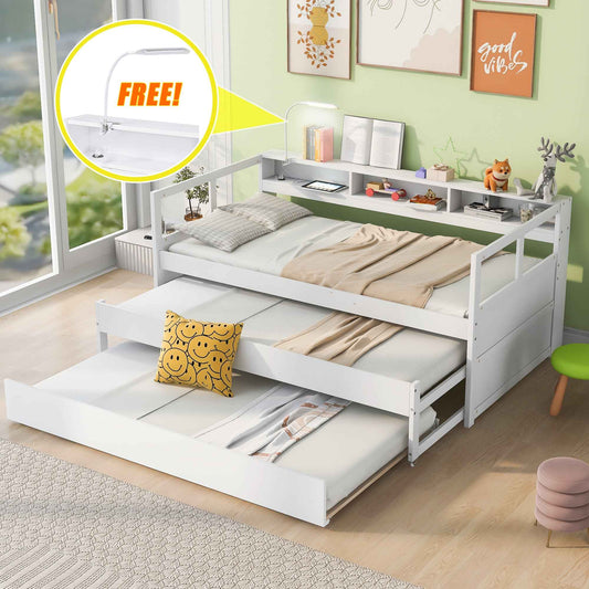 Twin XL Wood Daybed with 2 Trundles, 3 Storage Cubbies, 1 Light for Free and USB Charging Design, White - B&B Forest Products