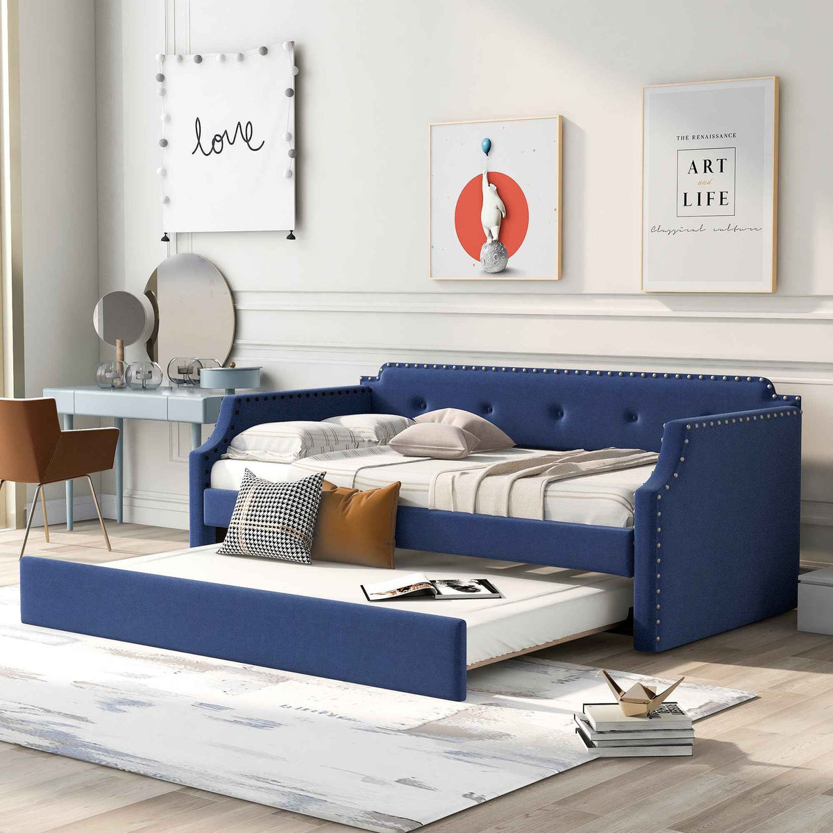 Upholstered Daybed with Trundle, Wood Slat Support,Upholstered Frame Sofa Bed Twin Blue - B&B Forest Products