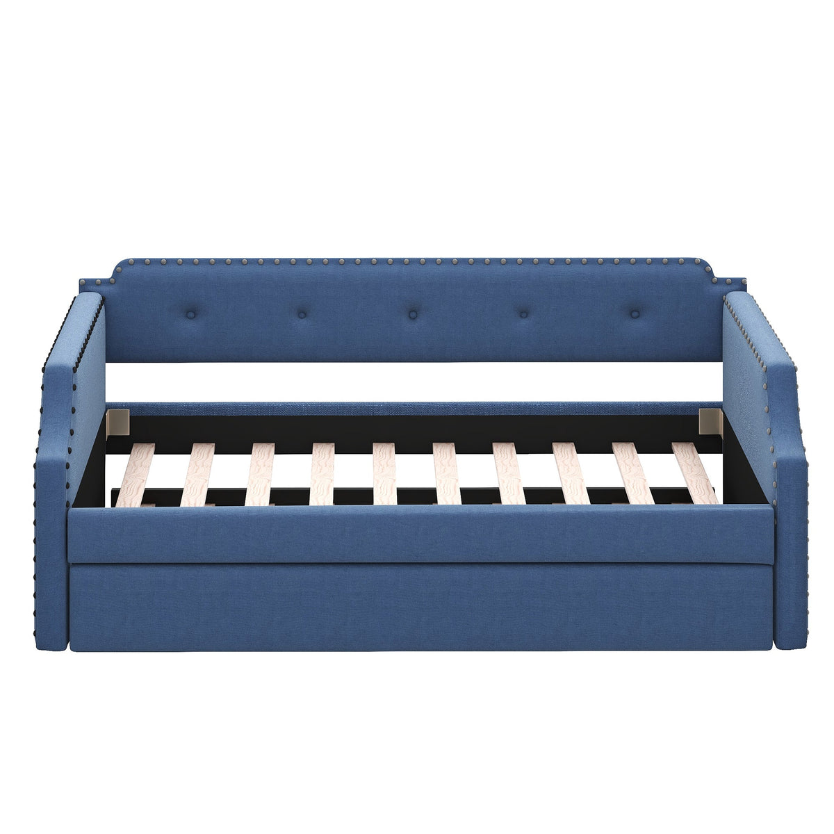 Upholstered Daybed with Trundle, Wood Slat Support,Upholstered Frame Sofa Bed Twin Blue - B&B Forest Products