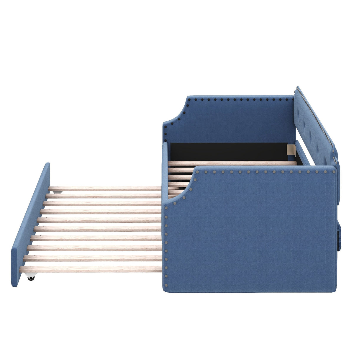 Upholstered Daybed with Trundle, Wood Slat Support,Upholstered Frame Sofa Bed Twin Blue - B&B Forest Products