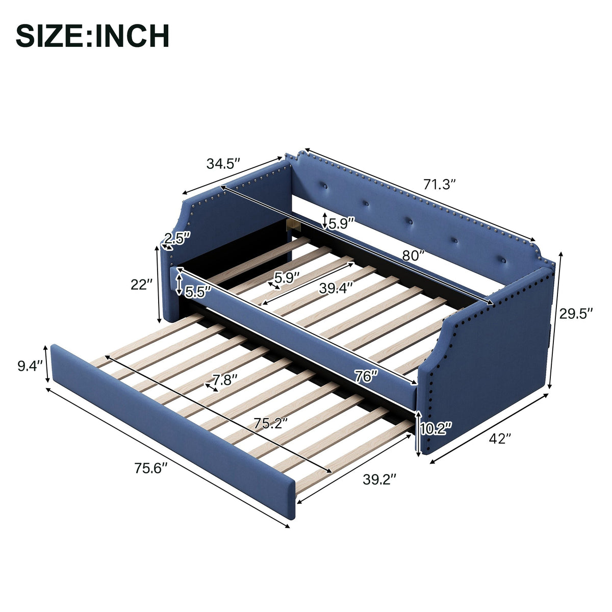 Upholstered Daybed with Trundle, Wood Slat Support,Upholstered Frame Sofa Bed Twin Blue - B&B Forest Products