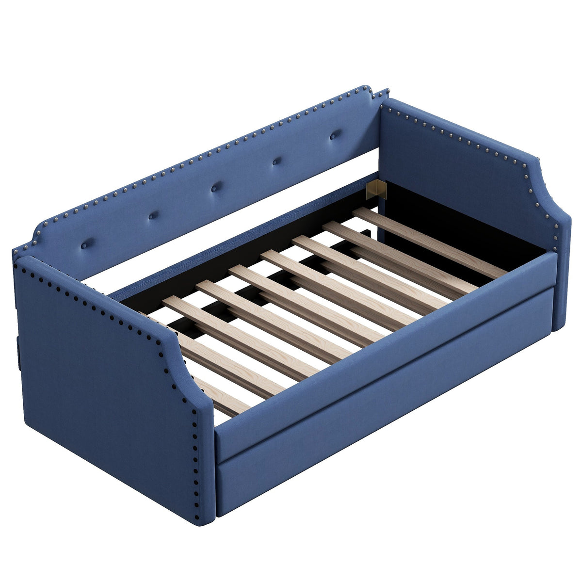 Upholstered Daybed with Trundle, Wood Slat Support,Upholstered Frame Sofa Bed Twin Blue - B&B Forest Products