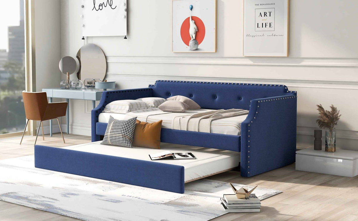 Upholstered Daybed with Trundle, Wood Slat Support,Upholstered Frame Sofa Bed Twin Blue - B&B Forest Products
