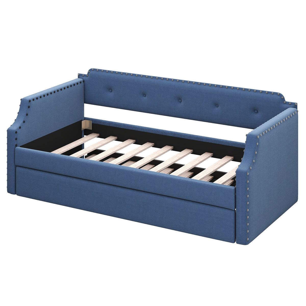Upholstered Daybed with Trundle, Wood Slat Support,Upholstered Frame Sofa Bed Twin Blue - B&B Forest Products