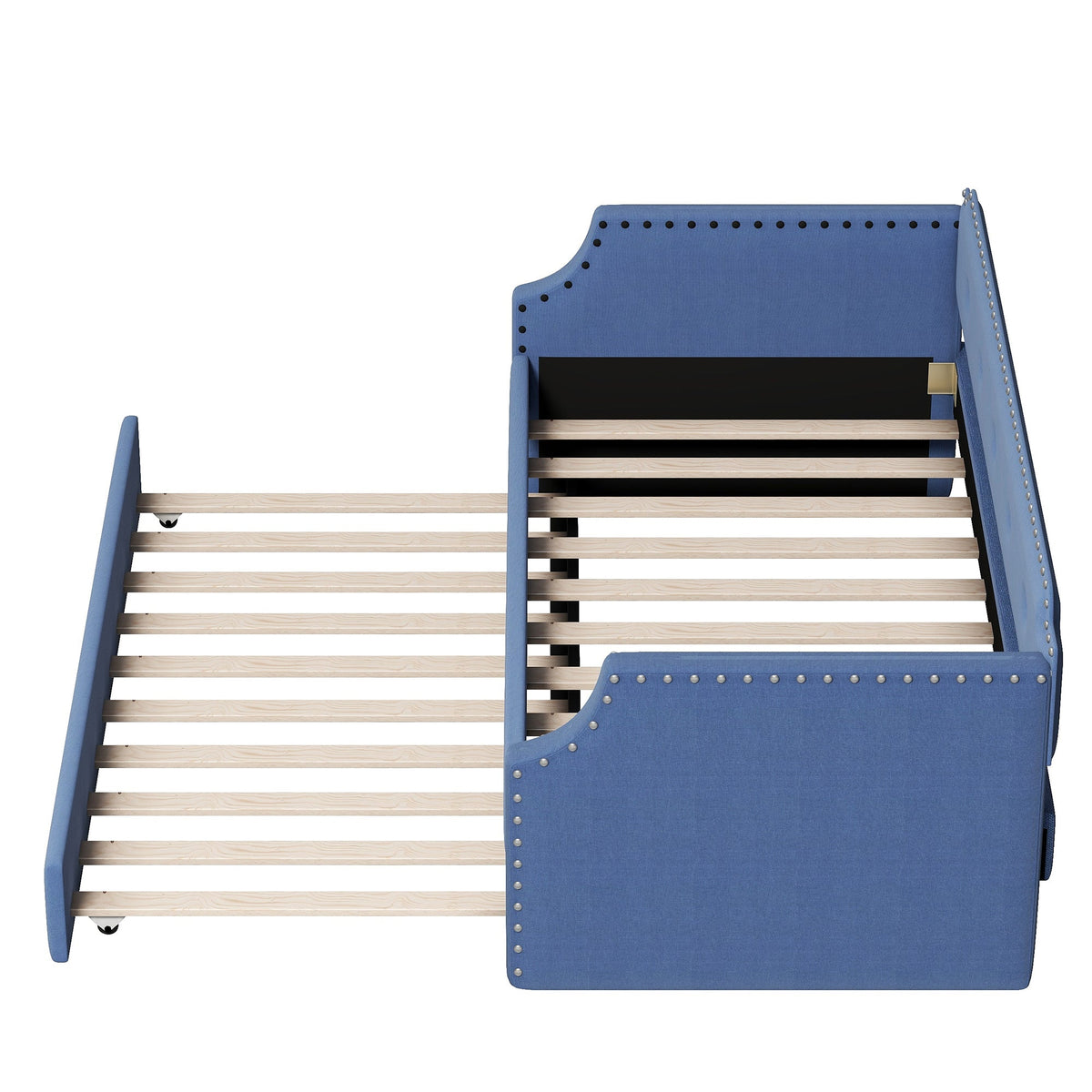 Upholstered Daybed with Trundle, Wood Slat Support,Upholstered Frame Sofa Bed Twin Blue - B&B Forest Products