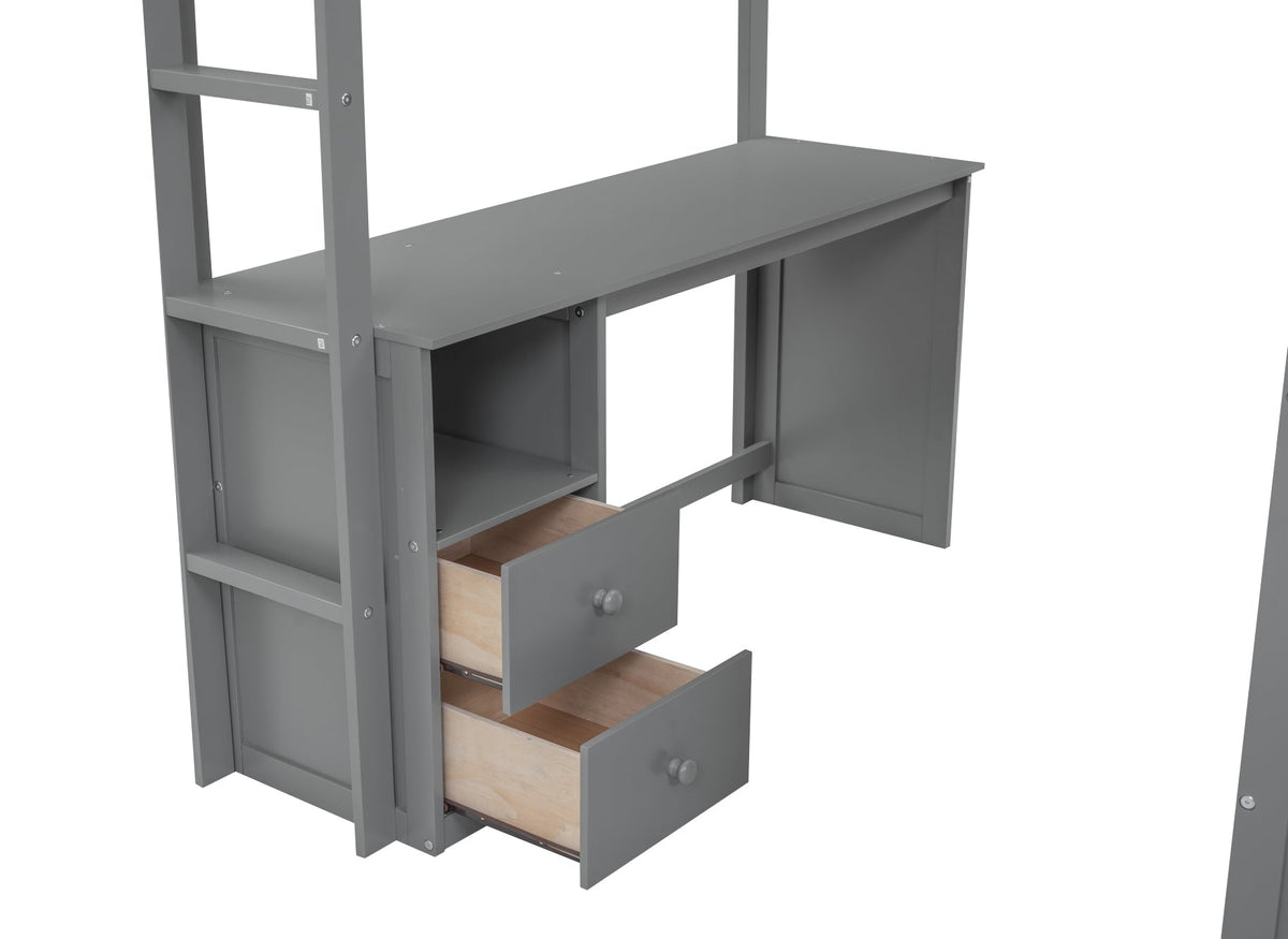 Wood Full Size Loft Bed with Wardrobes and 2-Drawer Desk with Cabinet Gray - B&B Forest Products