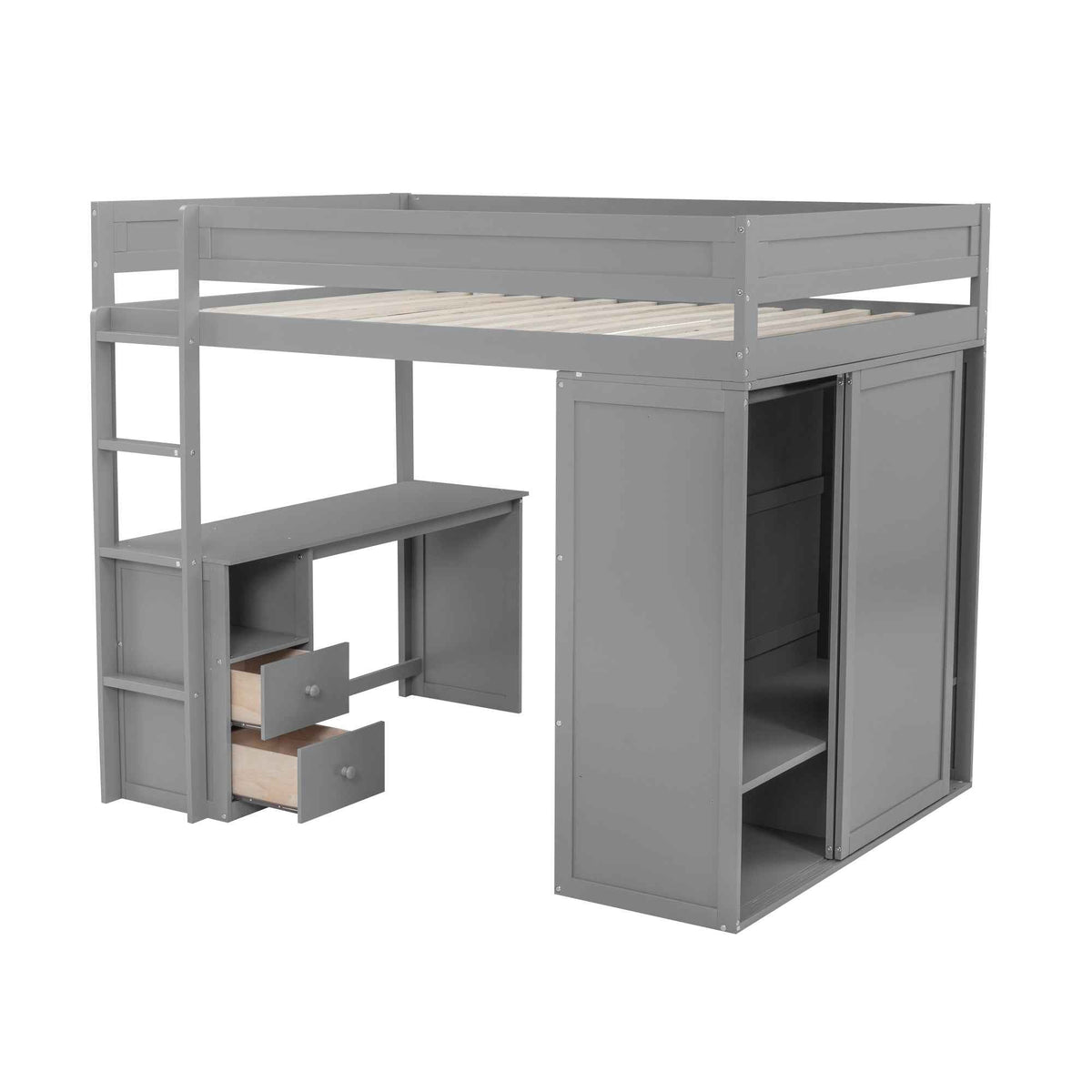 Wood Full Size Loft Bed with Wardrobes and 2-Drawer Desk with Cabinet Gray - B&B Forest Products