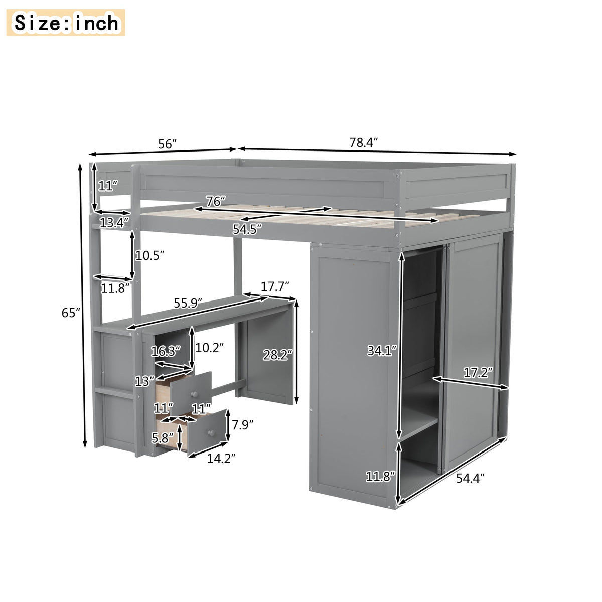 Wood Full Size Loft Bed with Wardrobes and 2-Drawer Desk with Cabinet Gray - B&B Forest Products