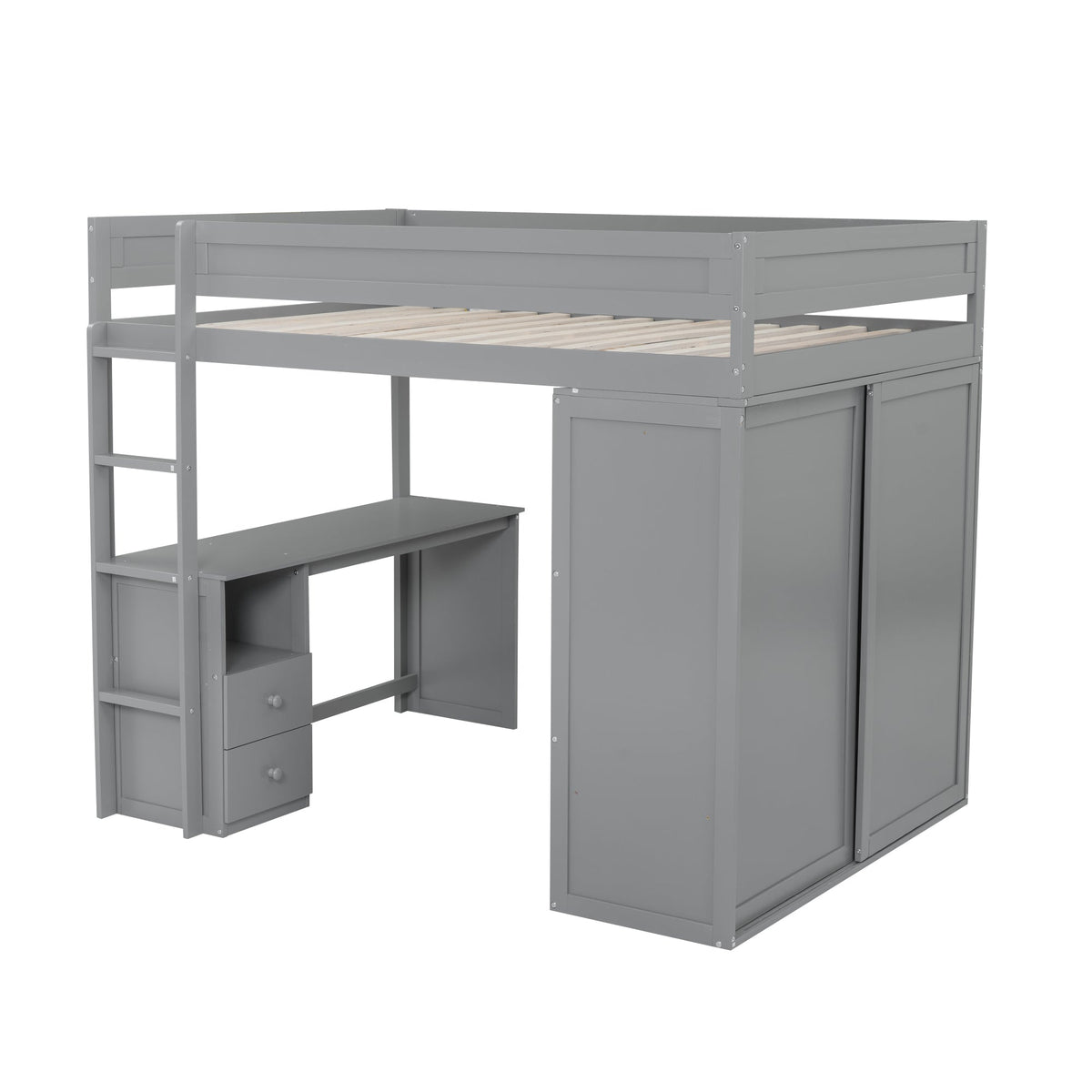 Wood Full Size Loft Bed with Wardrobes and 2-Drawer Desk with Cabinet Gray - B&B Forest Products