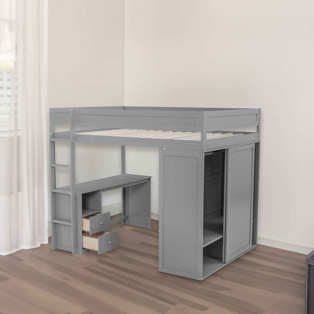 Wood Full Size Loft Bed with Wardrobes and 2-Drawer Desk with Cabinet Gray - B&B Forest Products