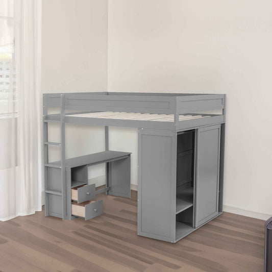 Wood Full Size Loft Bed with Wardrobes and 2-Drawer Desk with Cabinet Gray - B&B Forest Products