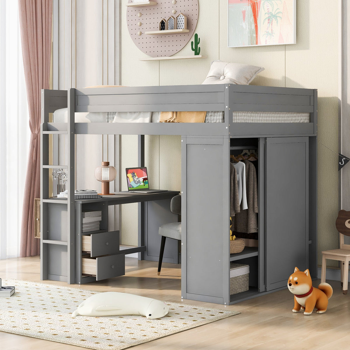 Wood Full Size Loft Bed with Wardrobes and 2-Drawer Desk with Cabinet Gray - B&B Forest Products