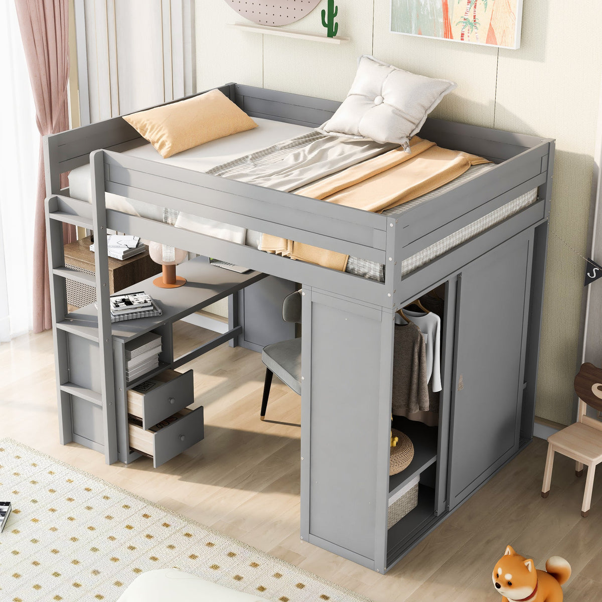 Wood Full Size Loft Bed with Wardrobes and 2-Drawer Desk with Cabinet Gray - B&B Forest Products