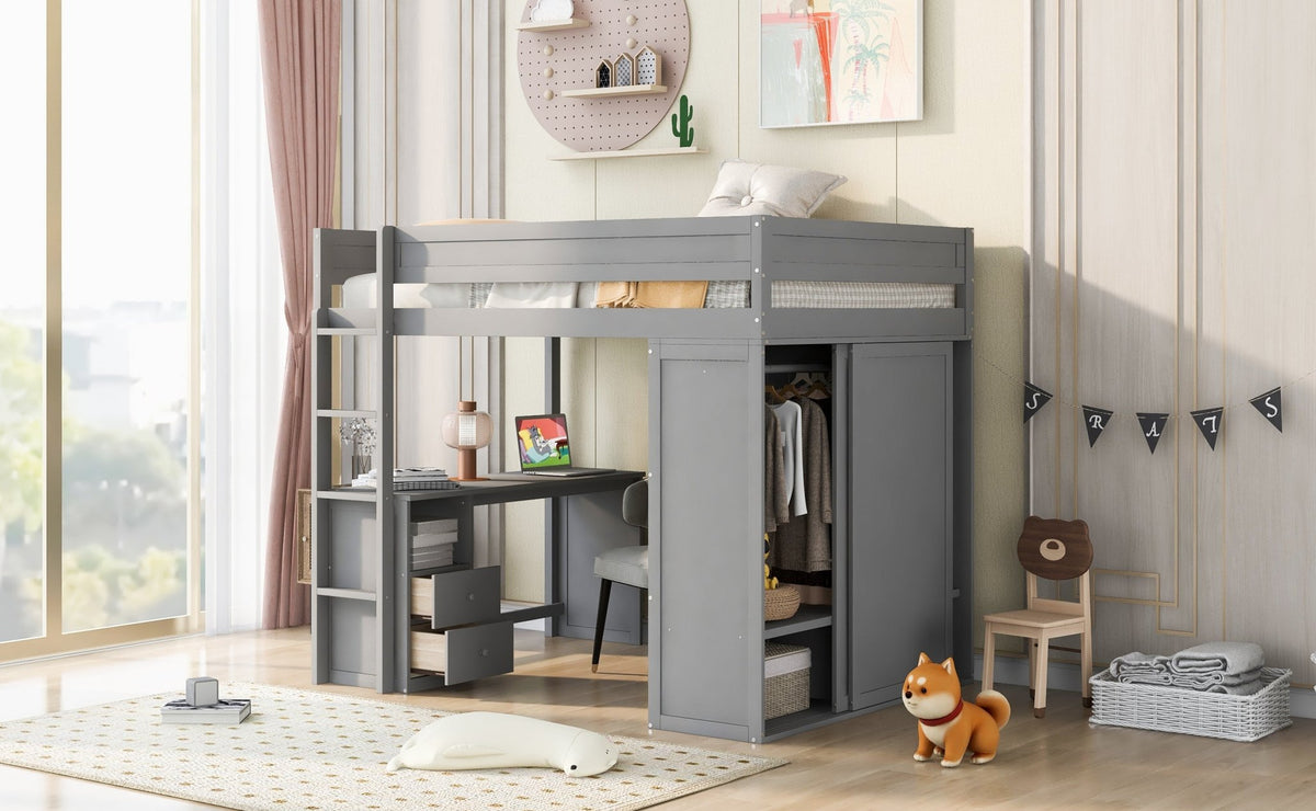 Wood Full Size Loft Bed with Wardrobes and 2-Drawer Desk with Cabinet Gray - B&B Forest Products