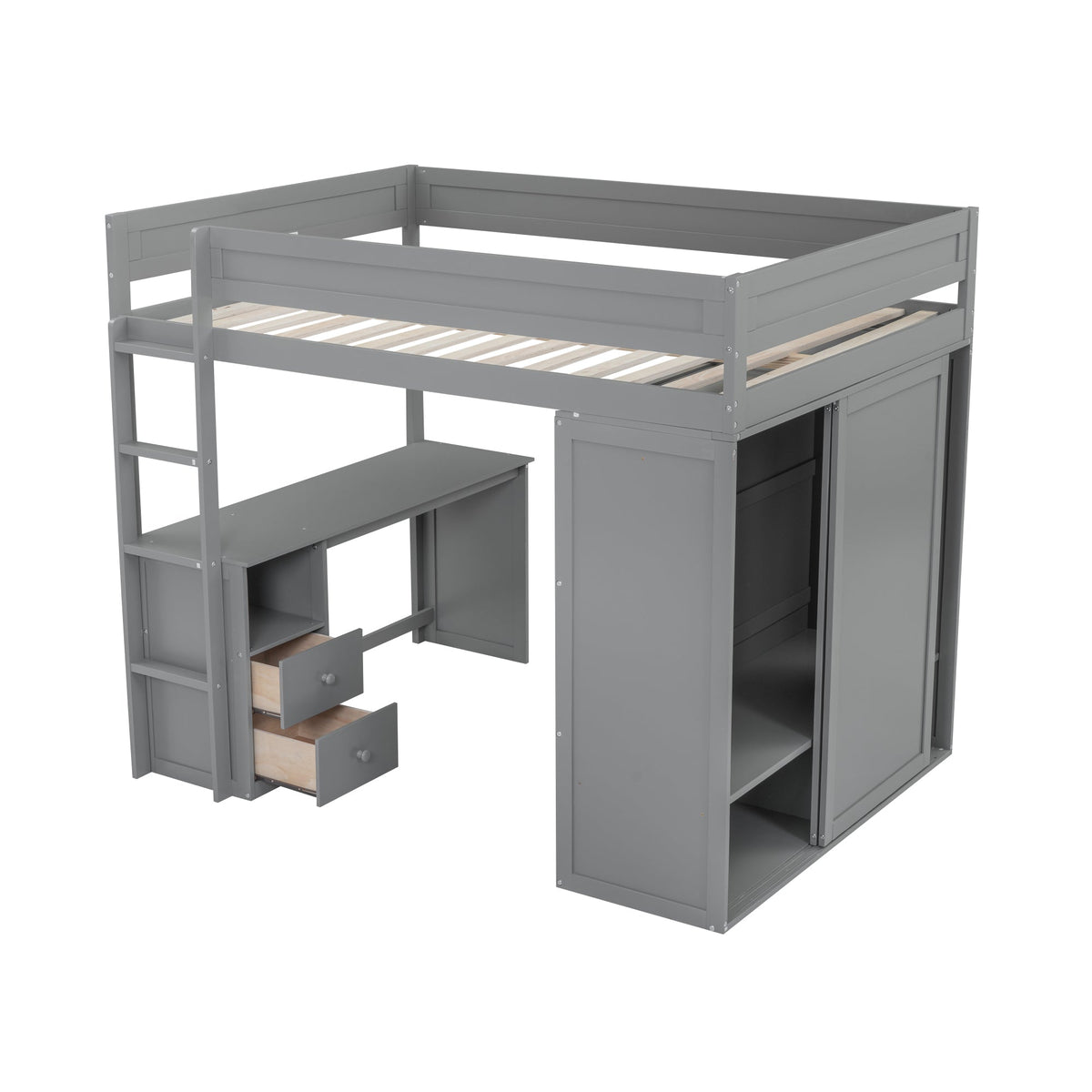 Wood Full Size Loft Bed with Wardrobes and 2-Drawer Desk with Cabinet Gray - B&B Forest Products