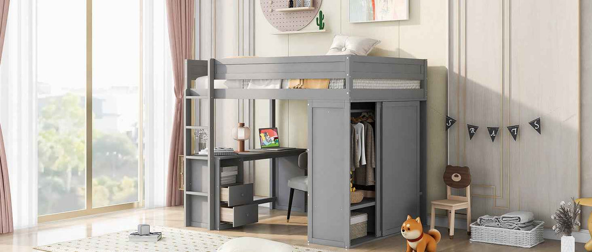 Wood Full Size Loft Bed with Wardrobes and 2-Drawer Desk with Cabinet Gray - B&B Forest Products