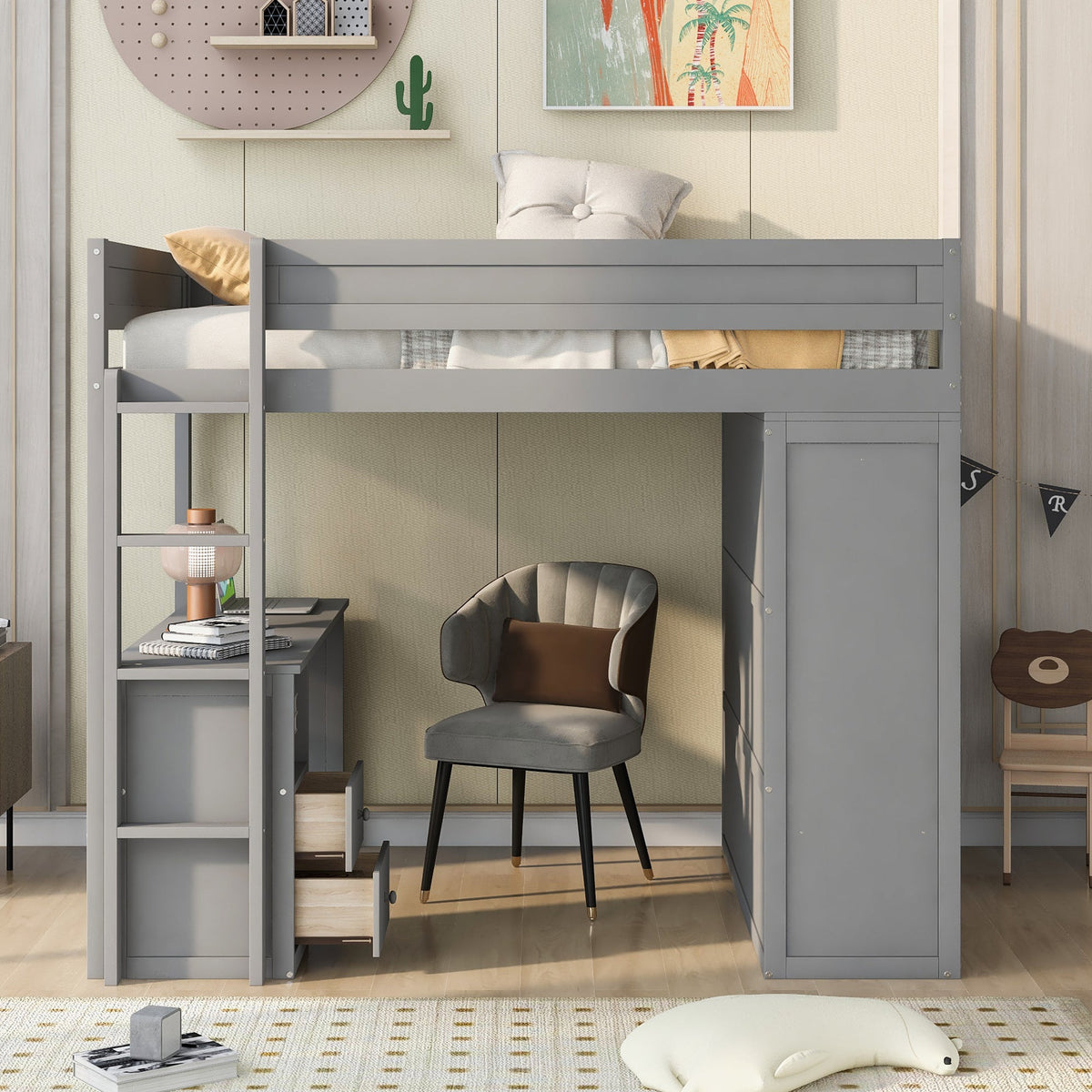 Wood Full Size Loft Bed with Wardrobes and 2-Drawer Desk with Cabinet Gray - B&B Forest Products