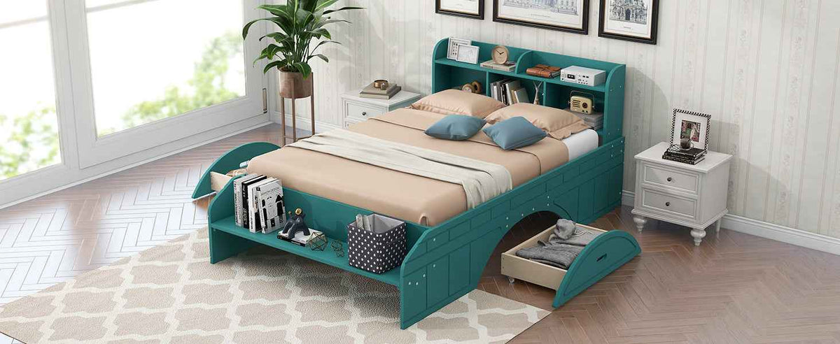 Wood Full Size Platform Bed with 2 Drawers, Storage Headboard and Footboard, Dark Green - B&B Forest Products