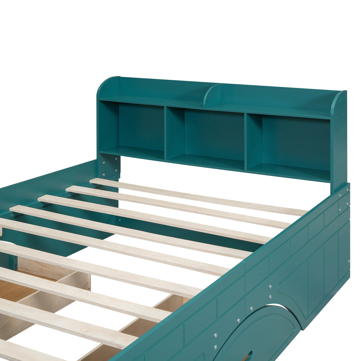 Wood Full Size Platform Bed with 2 Drawers, Storage Headboard and Footboard, Dark Green - B&B Forest Products