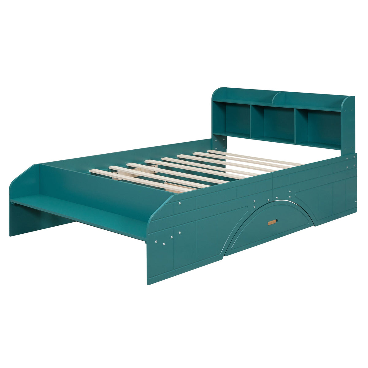 Wood Full Size Platform Bed with 2 Drawers, Storage Headboard and Footboard, Dark Green - B&B Forest Products