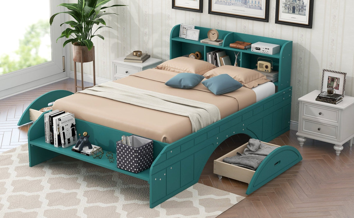 Wood Full Size Platform Bed with 2 Drawers, Storage Headboard and Footboard, Dark Green - B&B Forest Products