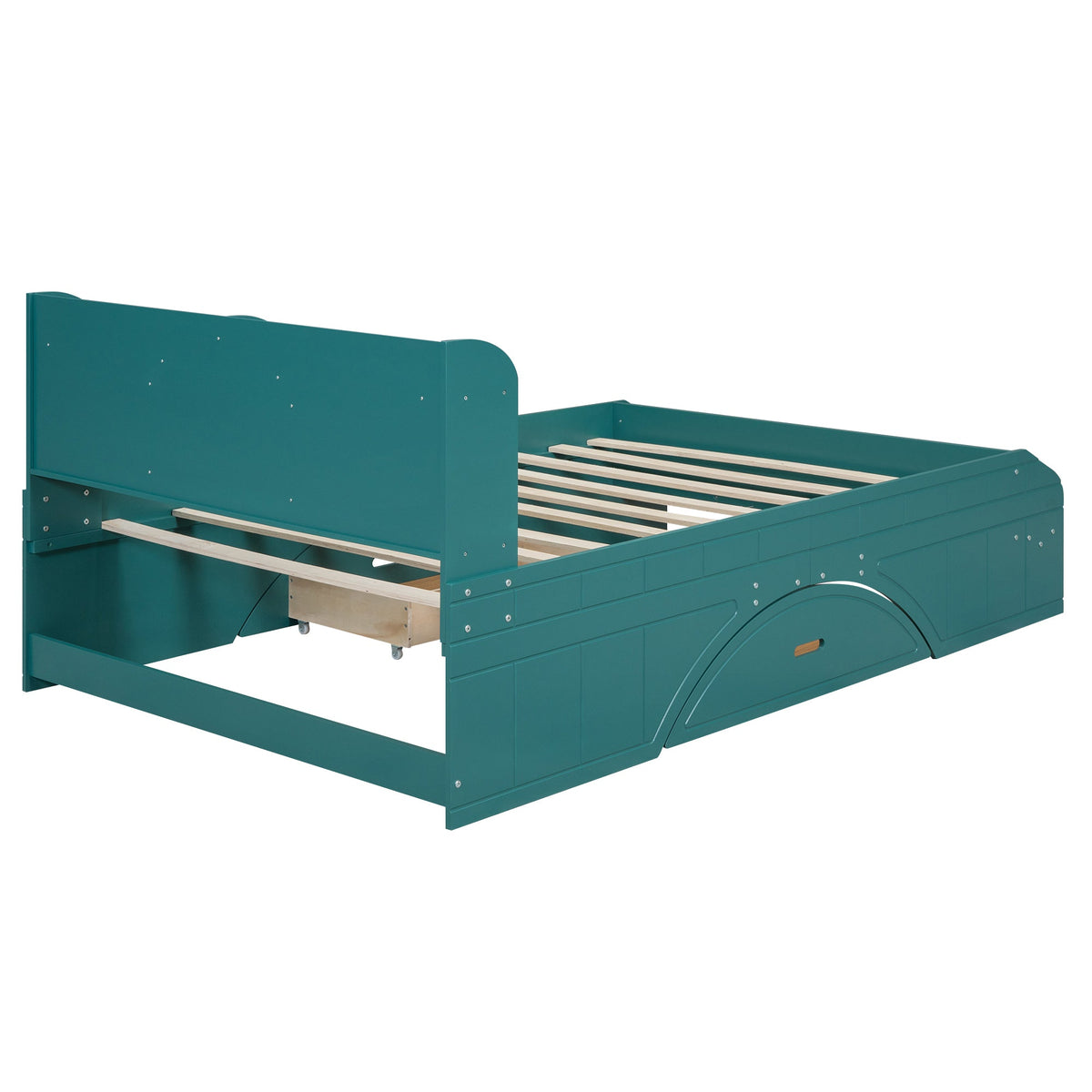 Wood Full Size Platform Bed with 2 Drawers, Storage Headboard and Footboard, Dark Green - B&B Forest Products