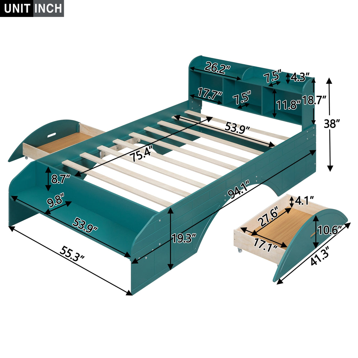 Wood Full Size Platform Bed with 2 Drawers, Storage Headboard and Footboard, Dark Green - B&B Forest Products