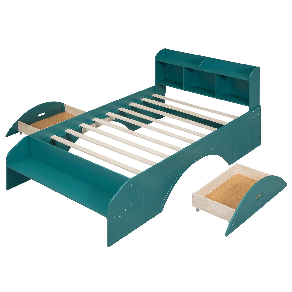 Wood Full Size Platform Bed with 2 Drawers, Storage Headboard and Footboard, Dark Green - B&B Forest Products