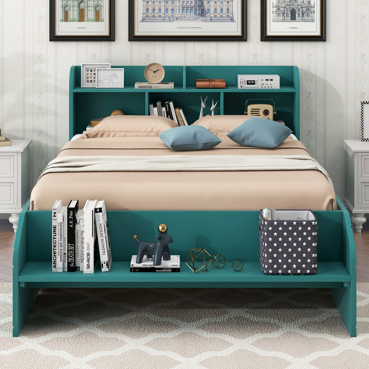 Wood Full Size Platform Bed with 2 Drawers, Storage Headboard and Footboard, Dark Green - B&B Forest Products