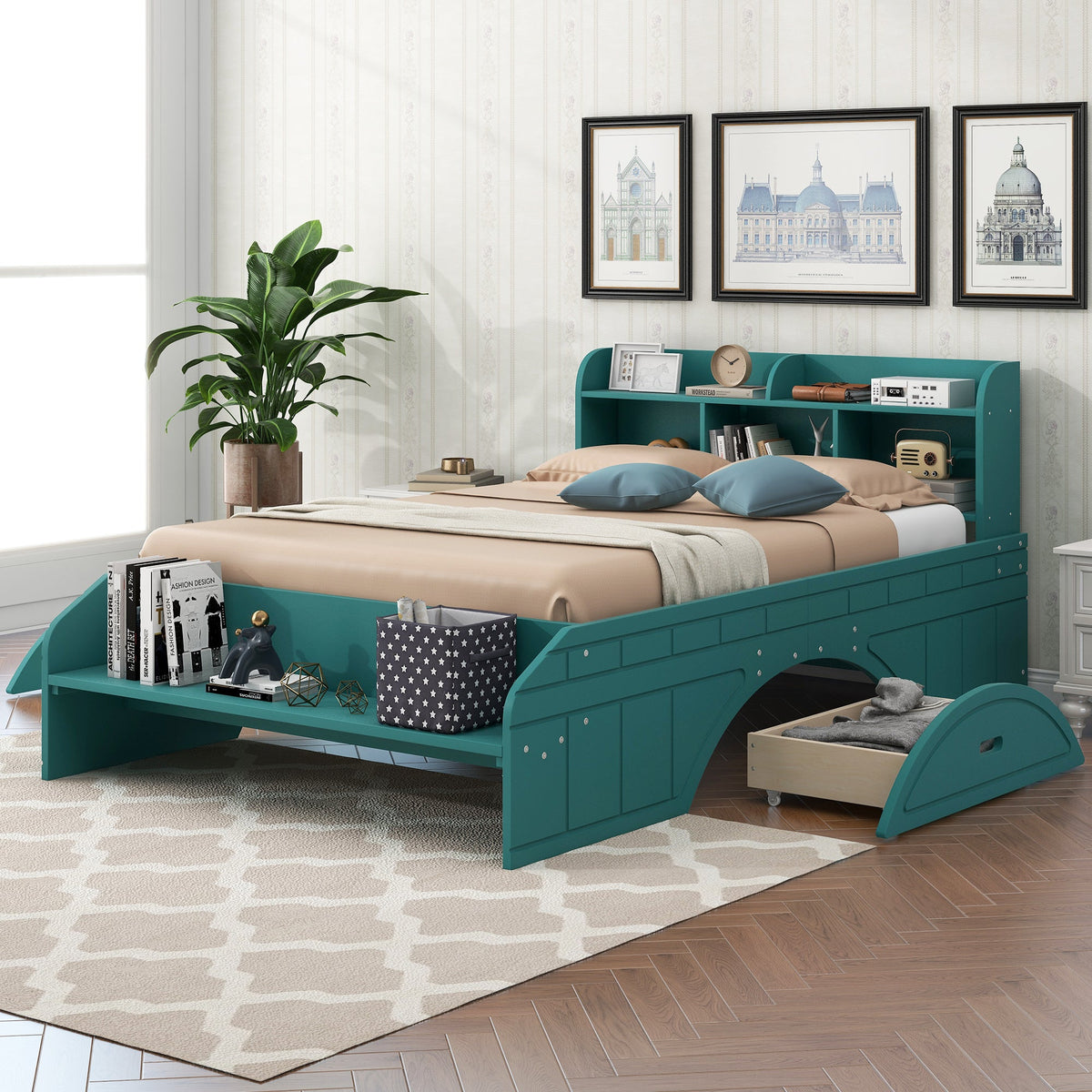 Wood Full Size Platform Bed with 2 Drawers, Storage Headboard and Footboard, Dark Green - B&B Forest Products